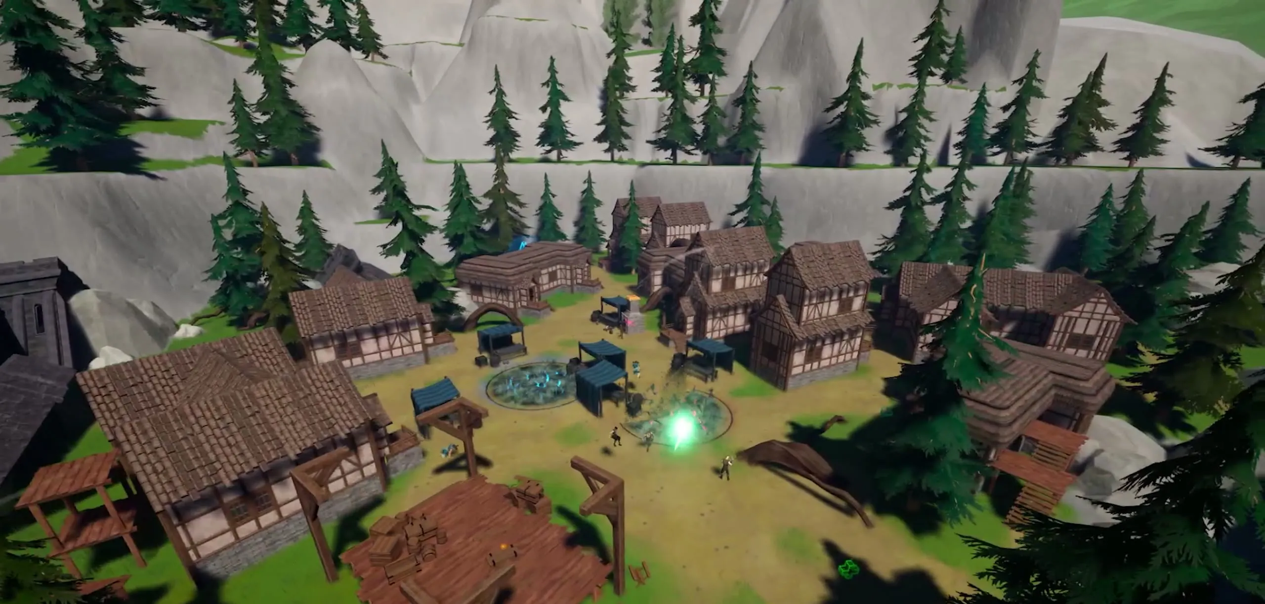 Aerial view of the Midgard arena, a timber village ringed by pine forest and mountain cliffs.